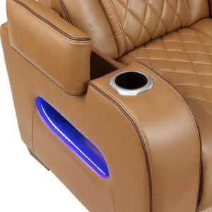 Luminate Faux Leather Power Double Reclining Sofa with Center Drop-Down Cup Holders, Power Headrest and Storage Arms