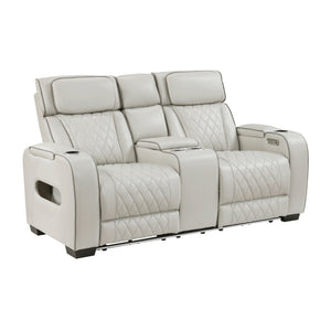 Luminate Faux Leather Power Double Reclining Love Seat with Center Console, Power Headrests and Storage Arms