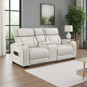 Luminate Faux Leather Power Double Reclining Love Seat with Center Console, Power Headrests and Storage Arms