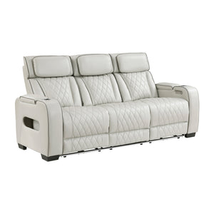 Luminate Faux Leather Power Double Reclining Sofa with Center Drop-Down Cup Holders, Power Headrest and Storage Arms
