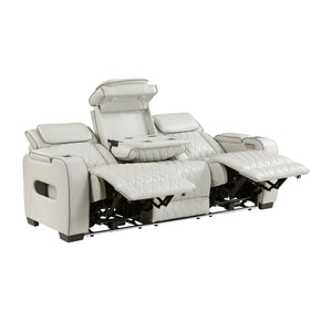 Luminate Faux Leather Power Double Reclining Sofa with Center Drop-Down Cup Holders, Power Headrest and Storage Arms