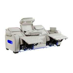Luminate Faux Leather Power Double Reclining Sofa with Center Drop-Down Cup Holders, Power Headrest and Storage Arms