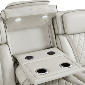 Luminate Faux Leather Power Double Reclining Sofa with Center Drop-Down Cup Holders, Power Headrest and Storage Arms