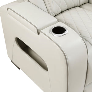 Luminate Faux Leather Power Double Reclining Sofa with Center Drop-Down Cup Holders, Power Headrest and Storage Arms