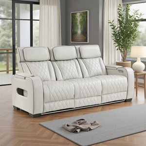 Luminate Faux Leather Power Double Reclining Sofa with Center Drop-Down Cup Holders, Power Headrest and Storage Arms