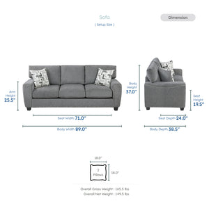 Windsor 3-Piece Chenille Fabric Living Room Sofa Set