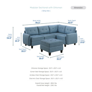 Dorian 5-Piece Textured Fabric Sectional with Storage and Ottoman