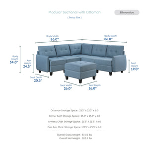 Dorian 6-Piece Textured Fabric Sectional with Storage and Ottoman