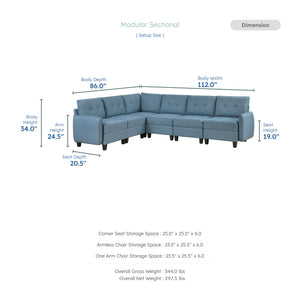 Dorian 6-Piece Textured Fabric Sectional with Storage