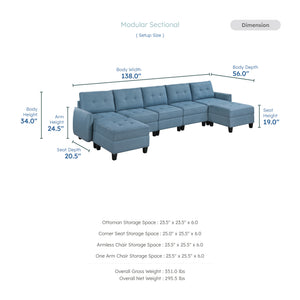 Dorian 7-Piece Textured Fabric Sectional with Storage and Two Ottomans