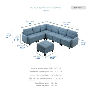 Dorian 7-Piece Textured Fabric Sectional with Storage and Ottoman