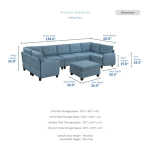 Dorian 8-Piece Textured Fabric Sectional with Storage and Ottoman