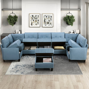 Dorian 8-Piece Textured Fabric Sectional with Storage and Ottoman