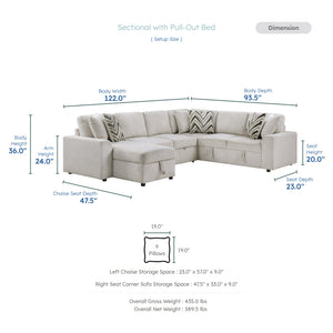 Marseille Chenille Fabric 3-Piece Sectional with Pull-out Bed and Hidden Storage