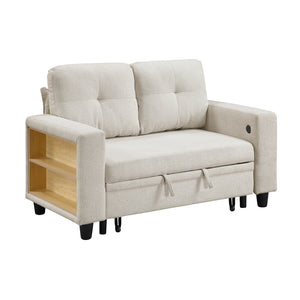 Hazel Boucle Fabric Love Seat with Pull-out Bed, Shelves and Charging Ports