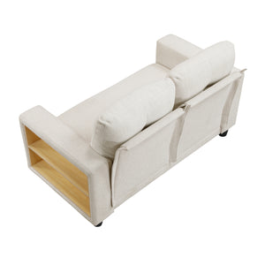 Hazel Boucle Fabric Love Seat with Pull-out Bed, Shelves and Charging Ports