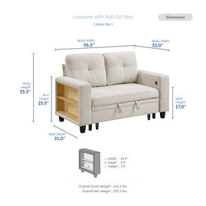 Hazel Boucle Fabric Love Seat with Pull-out Bed, Shelves and Charging Ports