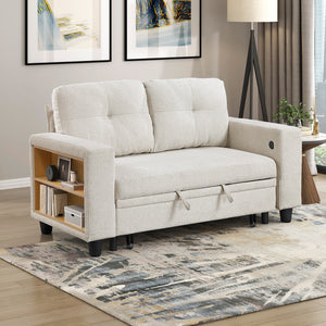 Hazel Boucle Fabric Love Seat with Pull-out Bed, Shelves and Charging Ports