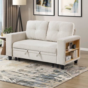 Hazel Boucle Fabric Love Seat with Pull-out Bed, Shelves and Charging Ports