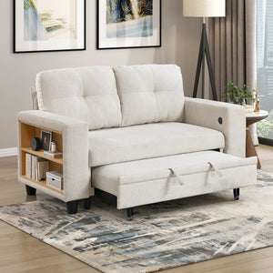 Hazel Boucle Fabric Love Seat with Pull-out Bed, Shelves and Charging Ports