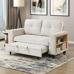 Hazel Boucle Fabric Love Seat with Pull-out Bed, Shelves and Charging Ports