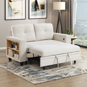 Hazel Boucle Fabric Love Seat with Pull-out Bed, Shelves and Charging Ports