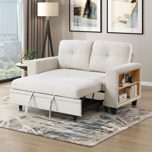 Hazel Boucle Fabric Love Seat with Pull-out Bed, Shelves and Charging Ports