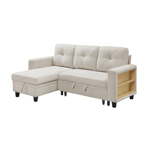 Hazel Boucle Fabric Sectional with Reversible Chaise, Pull-out Bed, Shelves and Charging Ports