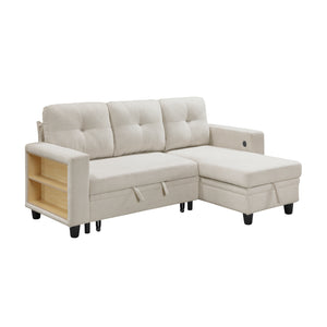 Hazel Boucle Fabric Sectional with Reversible Chaise, Pull-out Bed, Shelves and Charging Ports
