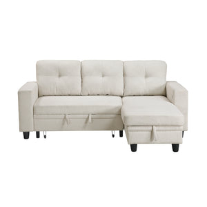 Hazel Boucle Fabric Sectional with Reversible Chaise, Pull-out Bed, Shelves and Charging Ports