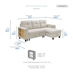 Hazel Boucle Fabric Sectional with Reversible Chaise, Pull-out Bed, Shelves and Charging Ports