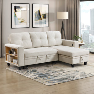 Hazel Boucle Fabric Sectional with Reversible Chaise, Pull-out Bed, Shelves and Charging Ports