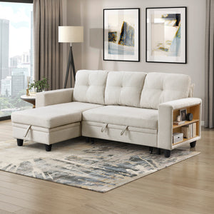 Hazel Boucle Fabric Sectional with Reversible Chaise, Pull-out Bed, Shelves and Charging Ports