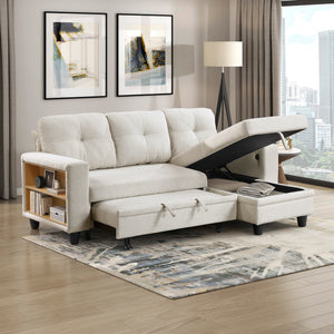 Hazel Boucle Fabric Sectional with Reversible Chaise, Pull-out Bed, Shelves and Charging Ports