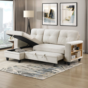 Hazel Boucle Fabric Sectional with Reversible Chaise, Pull-out Bed, Shelves and Charging Ports