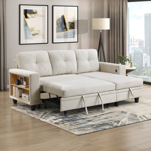 Hazel Boucle Fabric Sectional with Reversible Chaise, Pull-out Bed, Shelves and Charging Ports