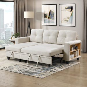 Hazel Boucle Fabric Sectional with Reversible Chaise, Pull-out Bed, Shelves and Charging Ports