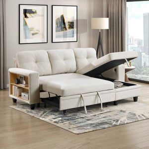Hazel Boucle Fabric Sectional with Reversible Chaise, Pull-out Bed, Shelves and Charging Ports