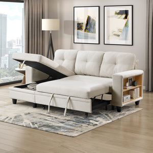 Hazel Boucle Fabric Sectional with Reversible Chaise, Pull-out Bed, Shelves and Charging Ports