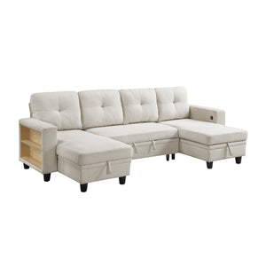 Hazel Boucle Fabric Sectional with Two Chaises, Pull-out Bed, Shelves and Charging Ports