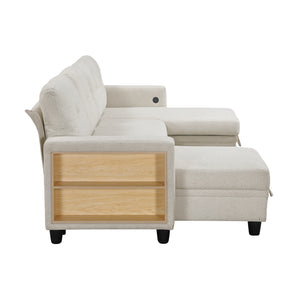 Hazel Boucle Fabric Sectional with Two Chaises, Pull-out Bed, Shelves and Charging Ports