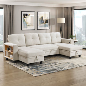 Hazel Boucle Fabric Sectional with Two Chaises, Pull-out Bed, Shelves and Charging Ports