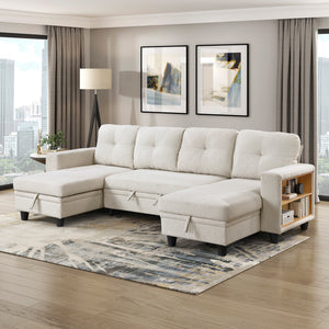 Hazel Boucle Fabric Sectional with Two Chaises, Pull-out Bed, Shelves and Charging Ports