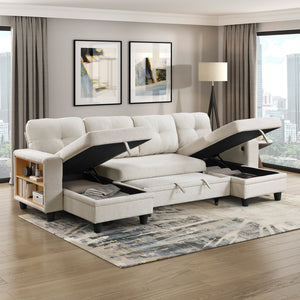 Hazel Boucle Fabric Sectional with Two Chaises, Pull-out Bed, Shelves and Charging Ports