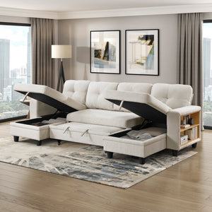 Hazel Boucle Fabric Sectional with Two Chaises, Pull-out Bed, Shelves and Charging Ports