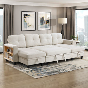 Hazel Boucle Fabric Sectional with Two Chaises, Pull-out Bed, Shelves and Charging Ports