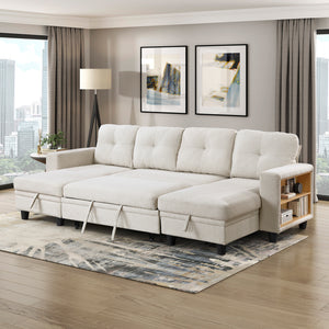 Hazel Boucle Fabric Sectional with Two Chaises, Pull-out Bed, Shelves and Charging Ports
