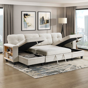 Hazel Boucle Fabric Sectional with Two Chaises, Pull-out Bed, Shelves and Charging Ports