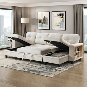 Hazel Boucle Fabric Sectional with Two Chaises, Pull-out Bed, Shelves and Charging Ports