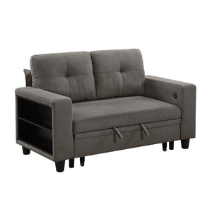 Hazel Boucle Fabric Love Seat with Pull-out Bed, Shelves and Charging Ports